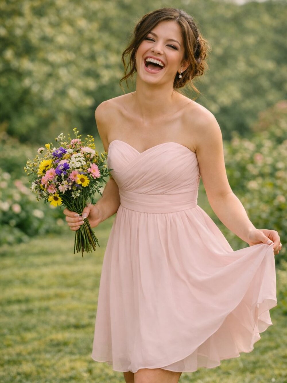 Soft Pink Chiffon Strapless Bridesmaid's Dress
